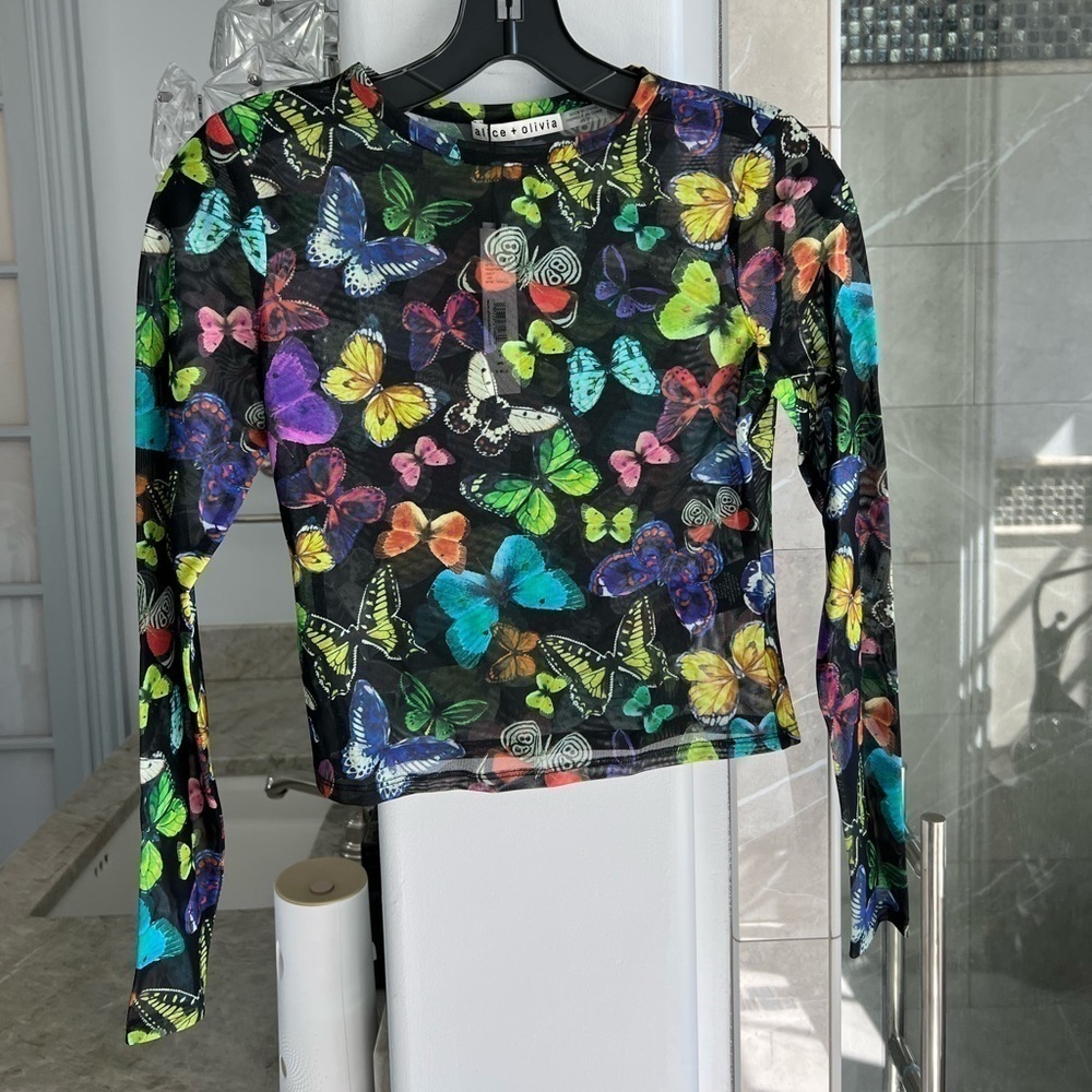Alice + Olivia Delaina Butterfly Mesh Crop Top Butterfly High Black - Picture 6 of 12